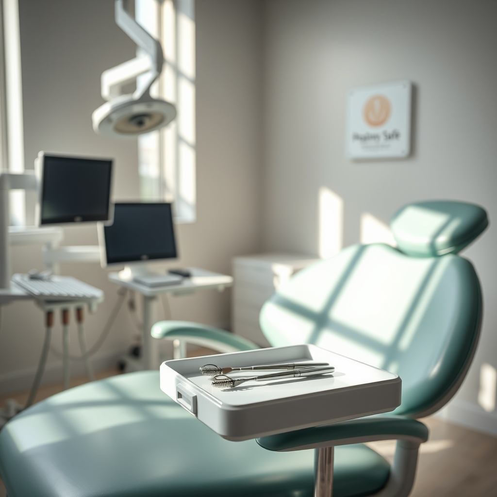 dental office with a comfortable chair, a tray of sterile instruments, a pregnancy‑safe dental plaque on the wall, bright natural light streaming through a window