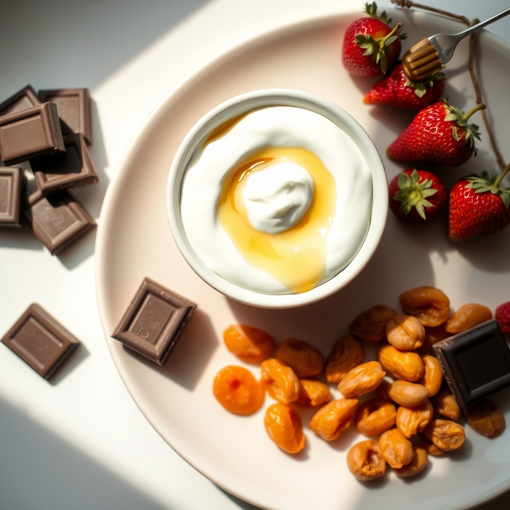 A selection of pregnancy‑friendly candy alternatives, including dark chocolate, fresh berries, Greek yogurt with honey, and dried apricots, arranged on a pastel plate