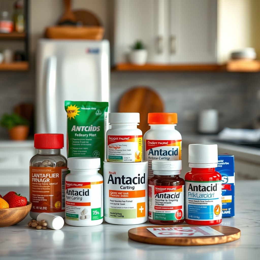 A selection of antacid tablets including Tums, Rolaids, and Gaviscon, arranged on a tidy countertop to illustrate safe pregnancy heartburn options