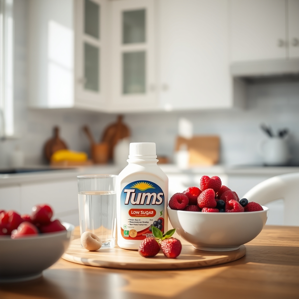 A low‑sugar Tums bottle next to a glass of water and a small bowl of fresh fruit, symbolizing a balanced approach to heartburn relief during pregnancy