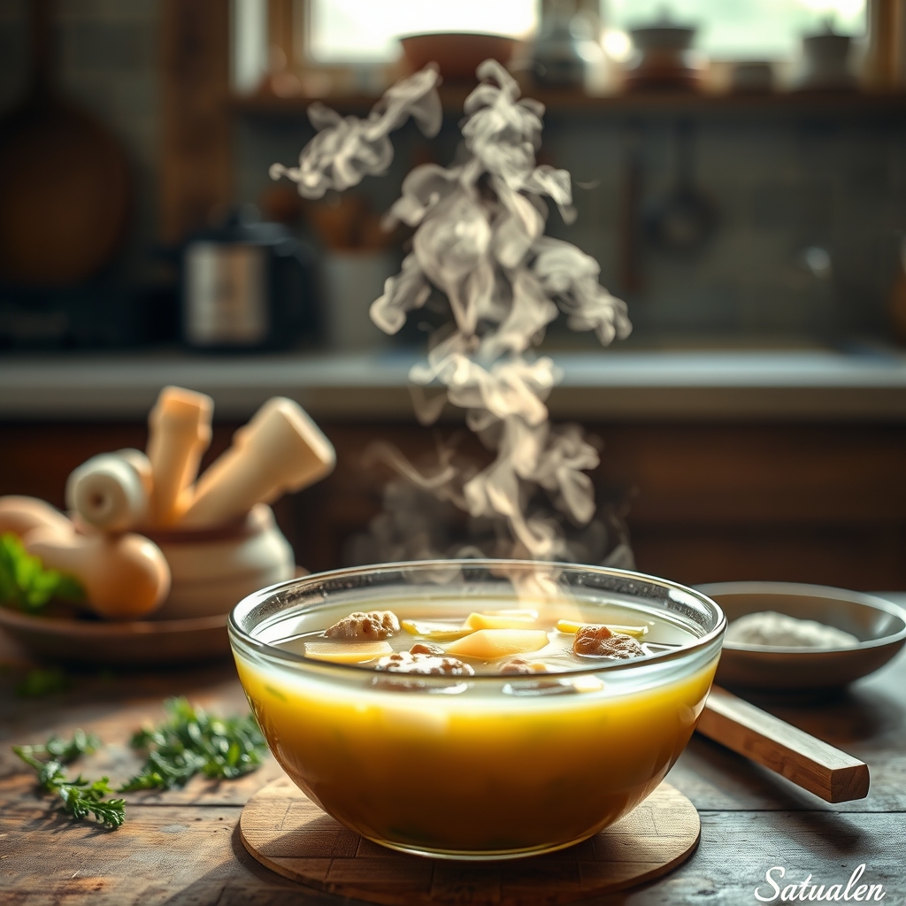a clear glass bowl of warm broth with herbs, representing a natural remedy for cold symptoms safe during pregnancy