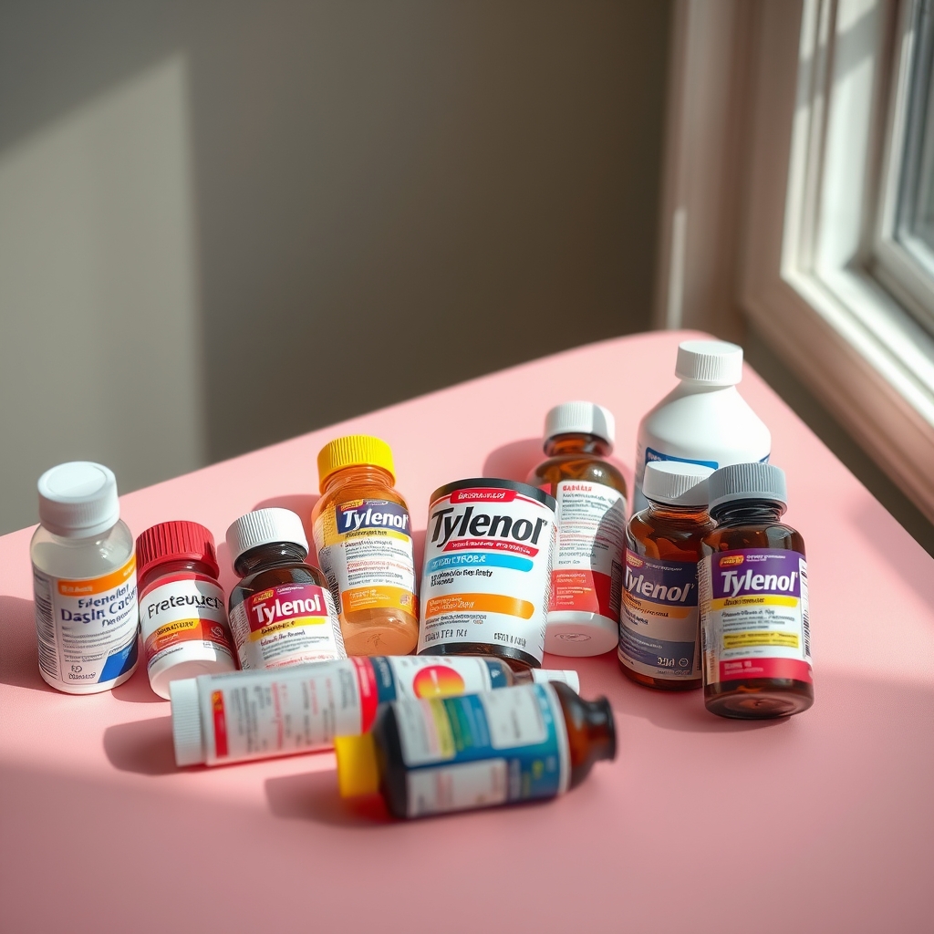a selection of pregnancy‑safe over‑the‑counter medicines, showing Tylenol among other options, with soft natural lighting