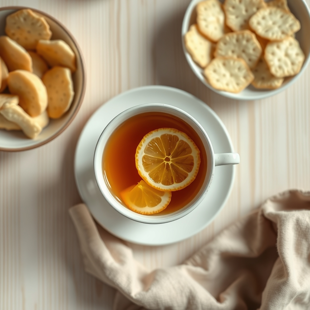 A soothing cup of ginger tea with lemon slices and a bowl of plain crackers on a light wooden table, suggesting morning sickness relief