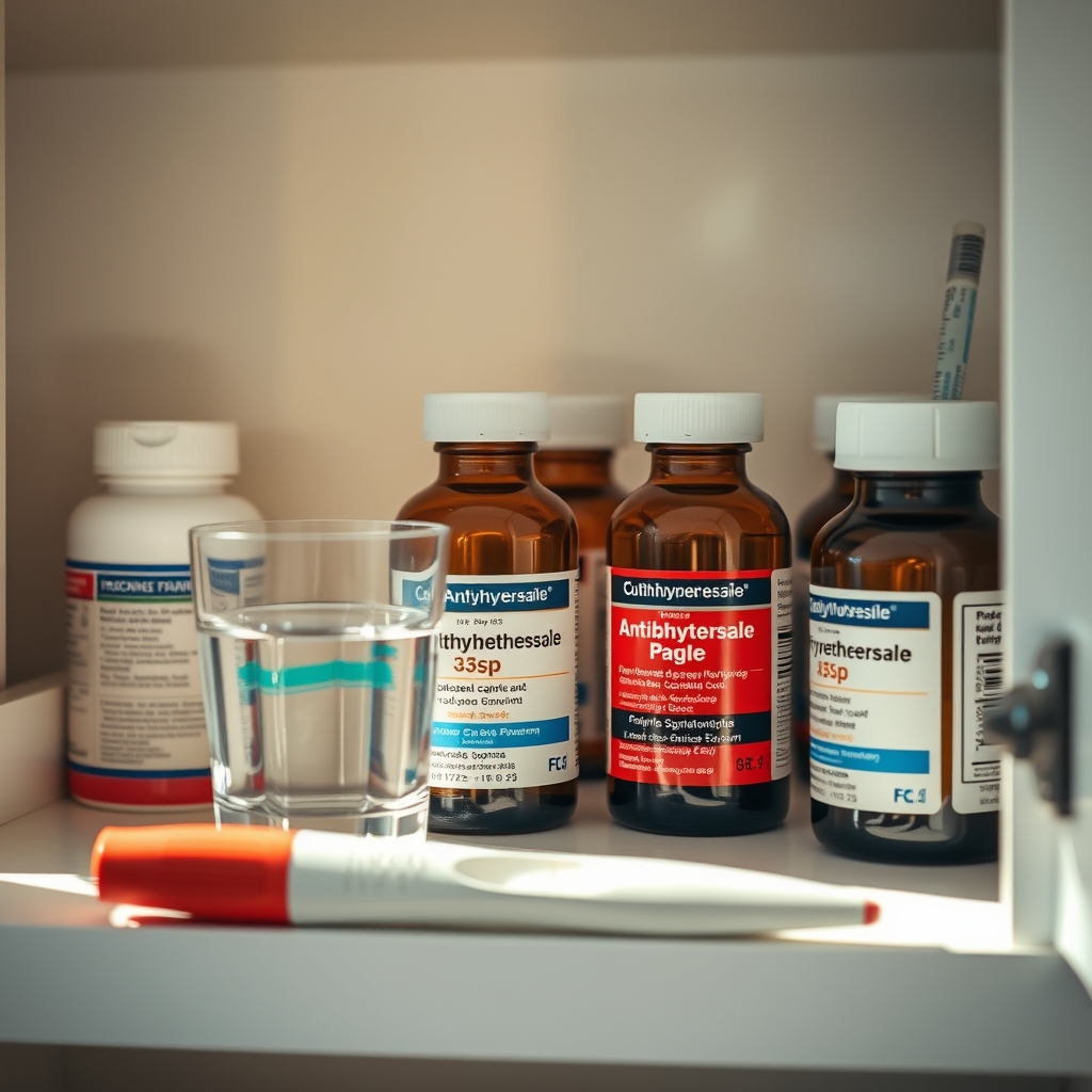 A tidy medicine cabinet showing labeled bottles of labetalol, methyldopa, and nifedipine, with a pregnancy test and a glass of water