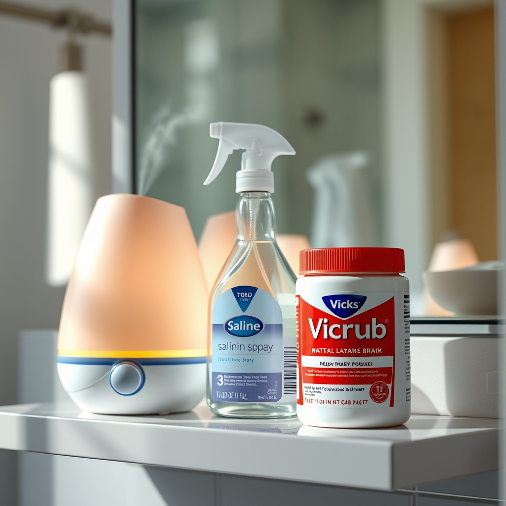 A tidy bathroom shelf displaying a humidifier, a bottle of saline nasal spray, and a jar of Vicks Vaporub, illustrating a balanced approach to congestion relief in pregnancy