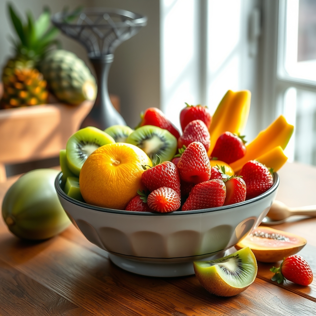 A colorful bowl of fresh fruit—orange slices, strawberries, kiwi, and papaya—displayed on a wooden table, natural light highlighting the vibrant colors, promoting a pregnancy‑friendly source of vitamin C