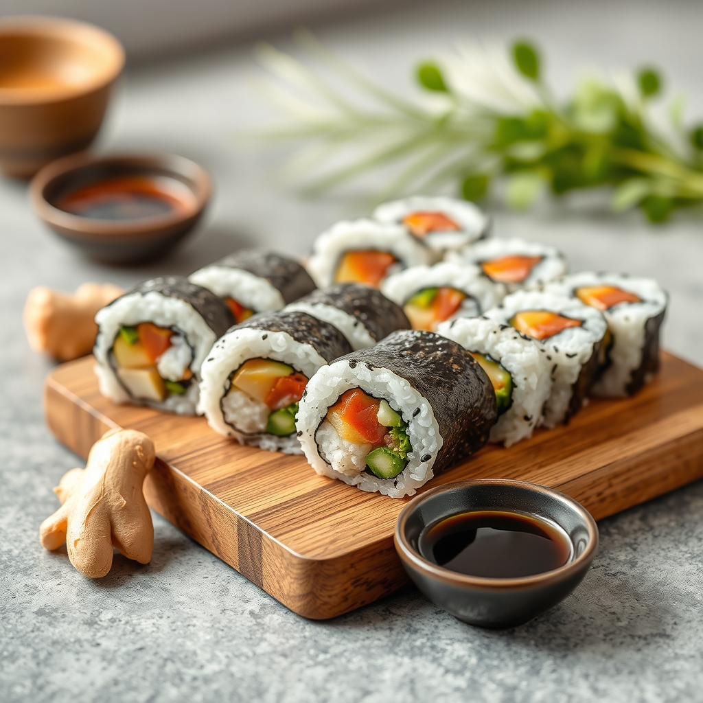A bright sushi platter featuring a variety of rolls, including a California roll, avocado roll, and a cooked shrimp roll, arranged on a wooden board with fresh ginger and soy sauce, soft natural light highlighting colors
