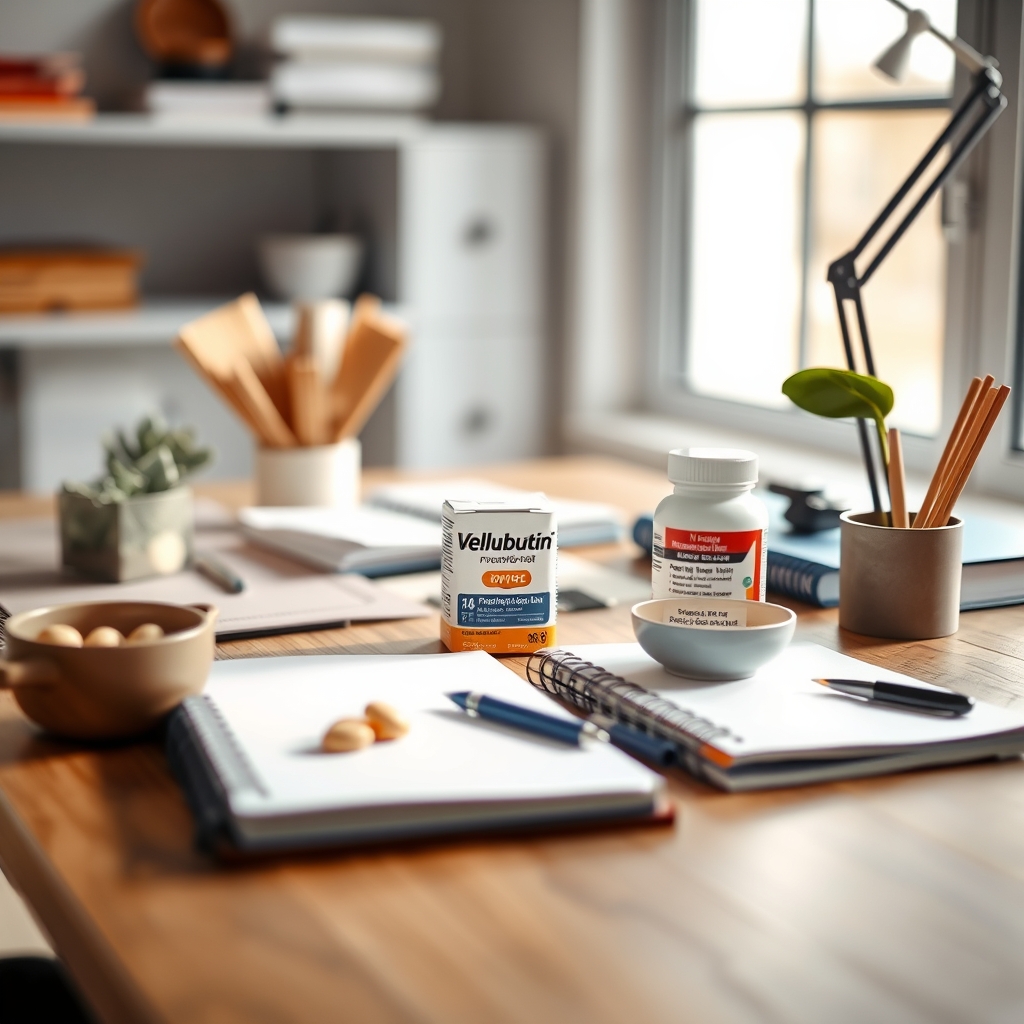 A calm prenatal counseling session with a doctor, a bottle of Wellbutrin on the desk, and a notebook titled 'Pregnancy Plan', illustrating shared decision‑making