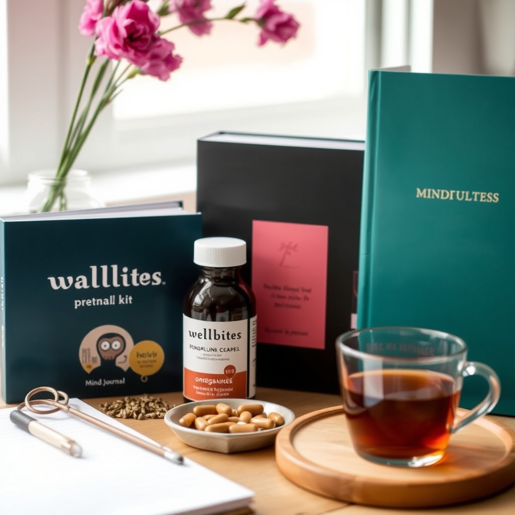 A neatly arranged prenatal care kit showing a bottle of sertraline, omega‑3 capsules, a mindfulness journal, and a cup of herbal tea, illustrating safer alternatives to Wellbutrin