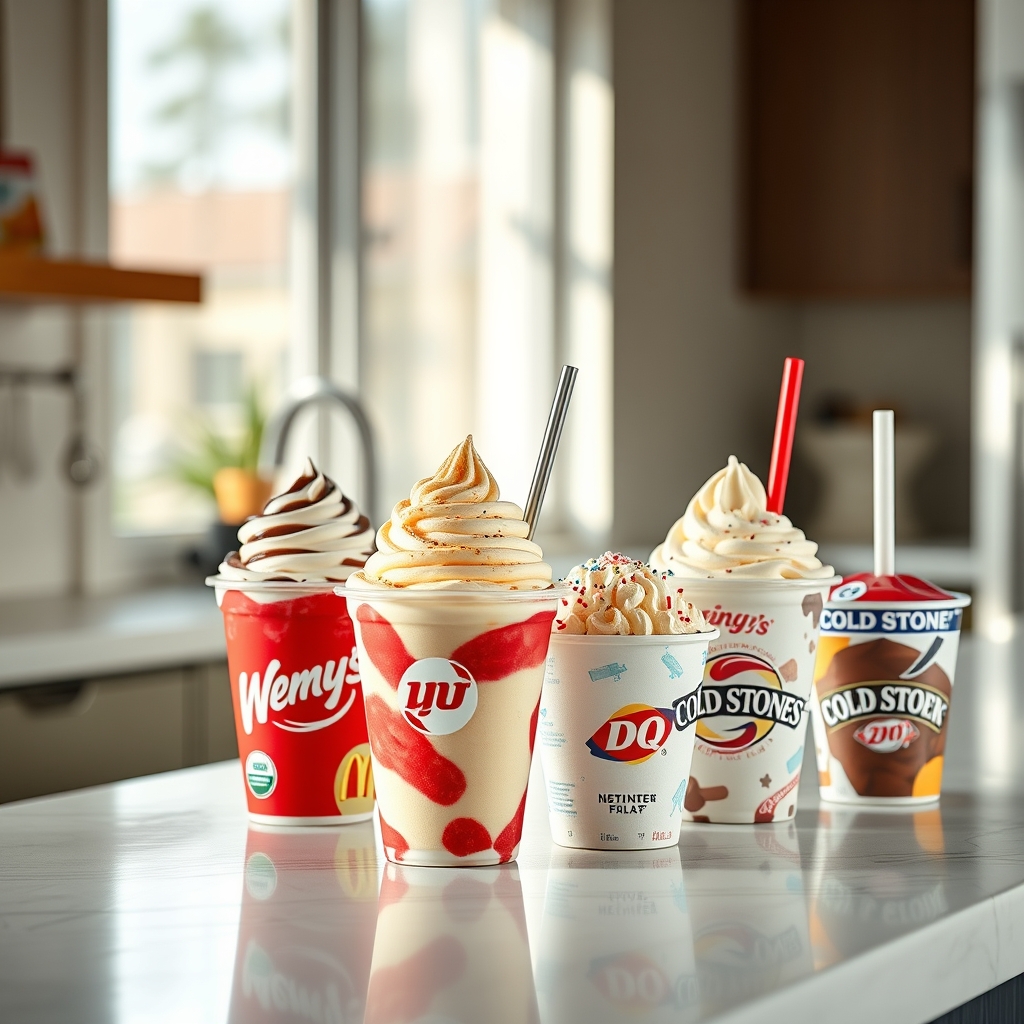 a selection of frozen desserts from various fast‑food chains displayed on a white countertop, with a focus on a small Wendy’s Frosty cup beside a glass of water