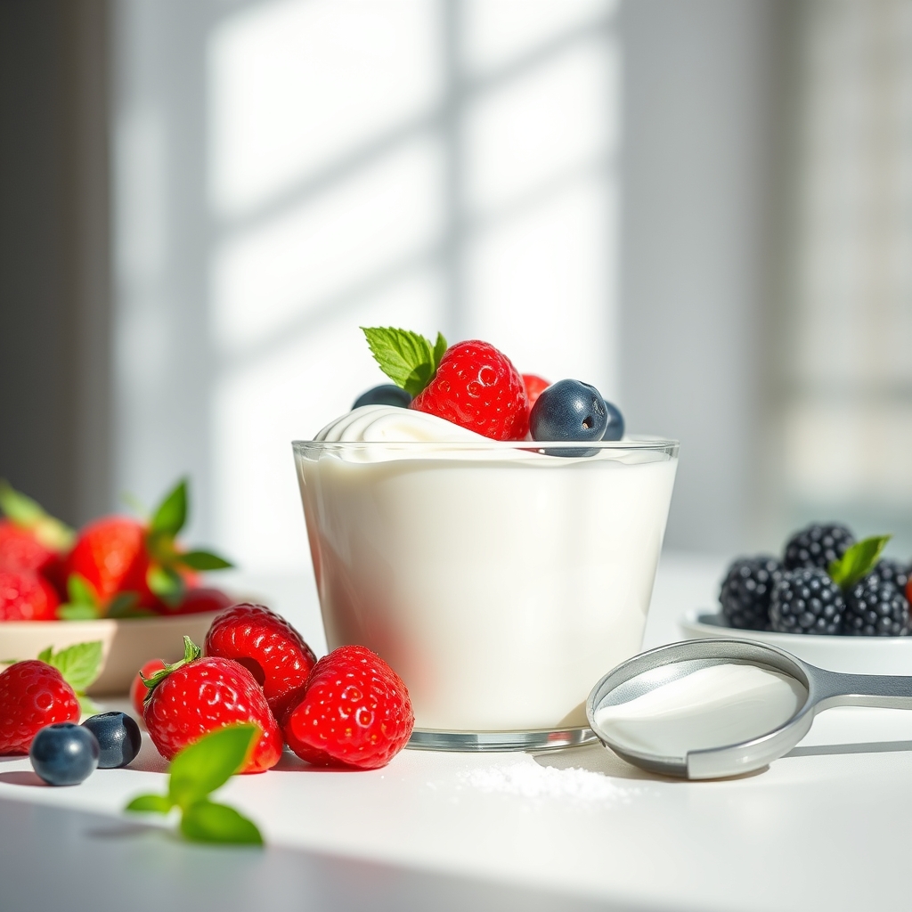A bright kitchen counter with a bowl of Greek yogurt topped with fresh berries and a small scoop of unflavored whey protein powder beside it, emphasizing a balanced protein snack for pregnancy