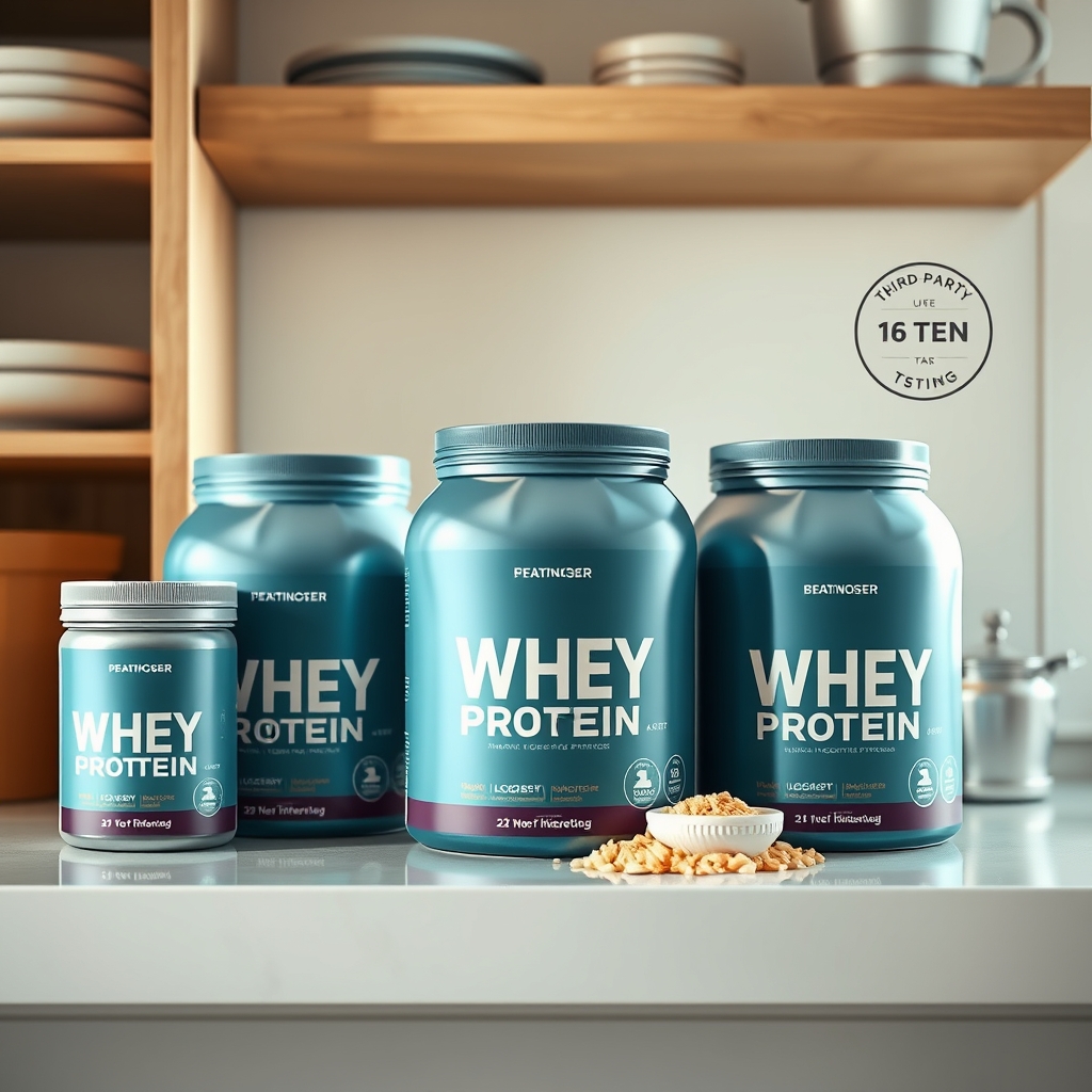 Assorted whey protein powder containers on a kitchen shelf, each labeled with clear nutrition facts, natural lighting emphasizing the clean packaging and third-party testing badges