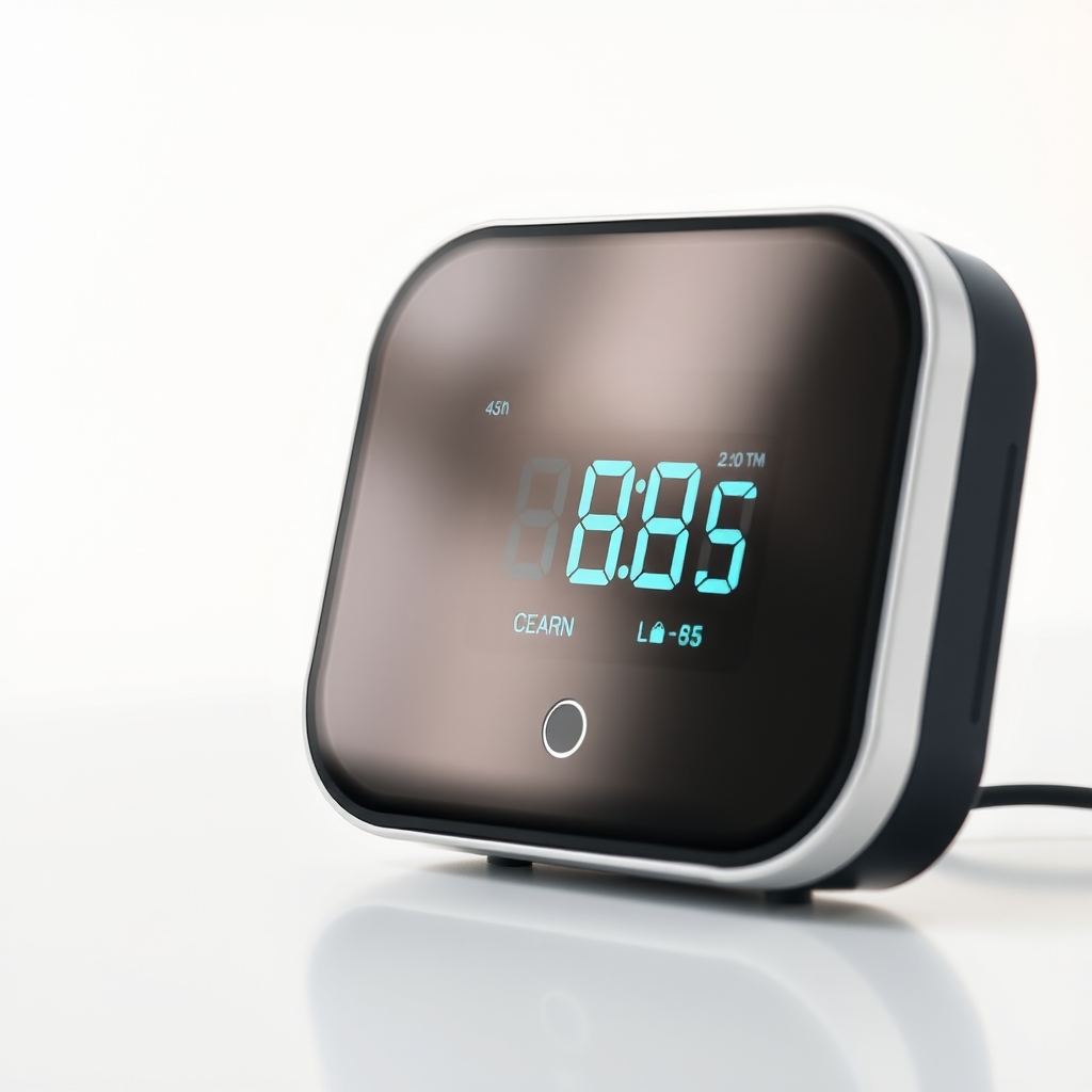 A professional-grade air quality monitor displaying low levels of particulate matter and VOCs, placed on a clean wooden surface in a home environment.