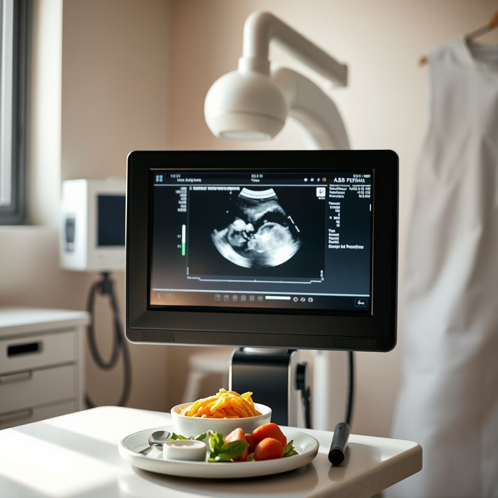 a calm prenatal ultrasound image displayed on a screen alongside a lead‑shielded X‑ray machine, highlighting the contrast between radiation‑free and low‑dose imaging options