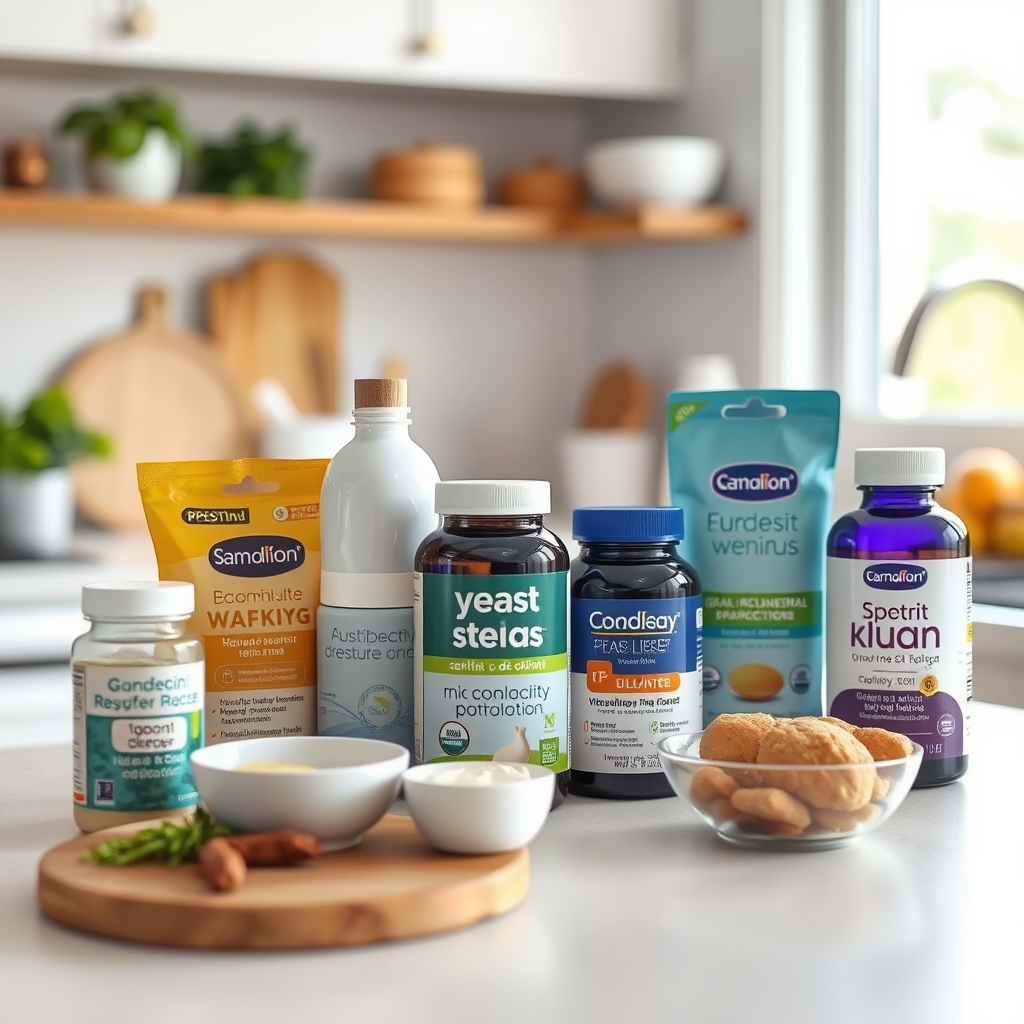 assortment of pregnancy‑safe topical antifungal creams and natural remedies on a wooden countertop, soft natural light, showing miconazole tube, clotrimazole cream, probiotic yogurt, and a small bottle of apple cider vinegar