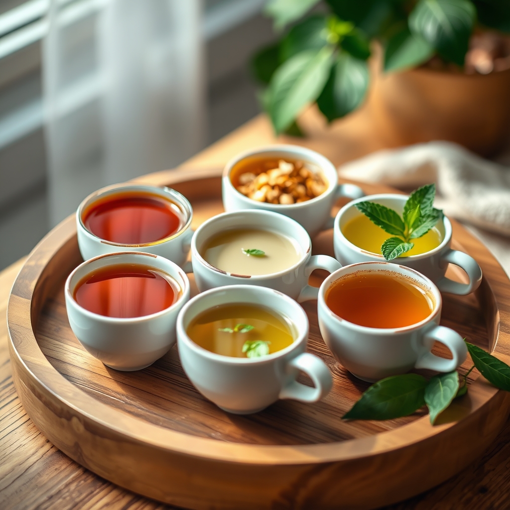 a wooden tray with six small cups of different herbal teas