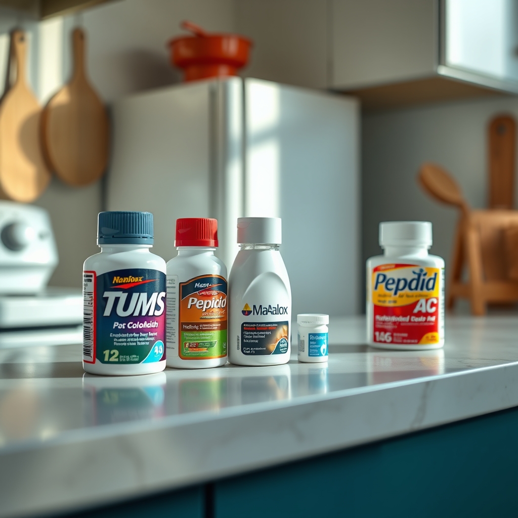A collection of pregnancy‑safe antacids and famotidine tablets arranged on a clean kitchen counter, bright natural light highlighting the variety of options