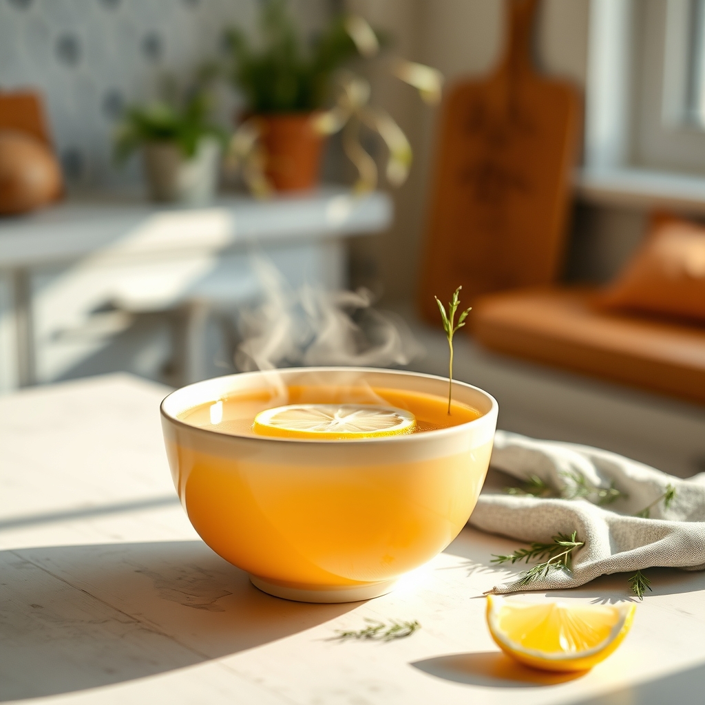 A steaming bowl of chicken broth on a kitchen counter, with a slice of lemon beside it, soft natural light, inviting composition