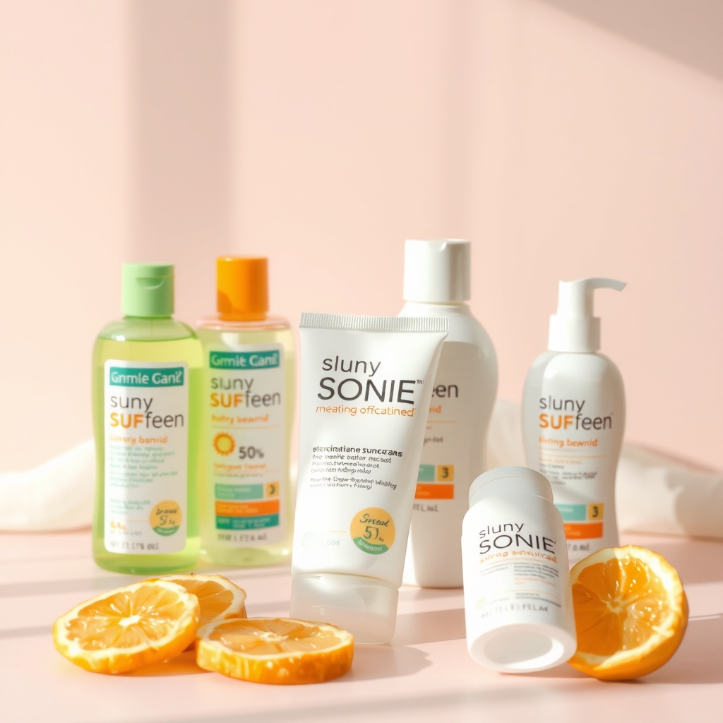 A lineup of pregnancy‑safe sunscreen bottles, each labeled with non‑nano zinc oxide, arranged on a pastel towel to illustrate variety and safety