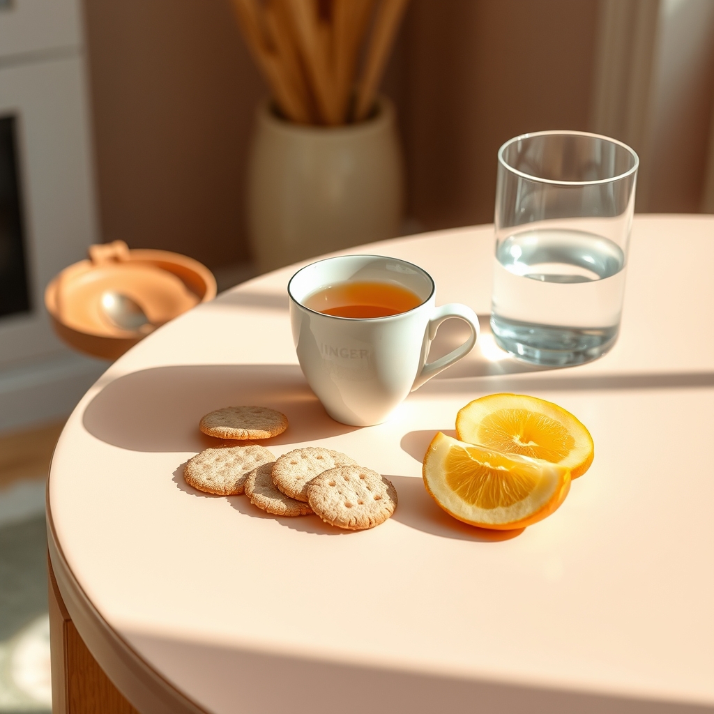 Assorted safe morning‑sickness foods: ginger tea, crackers, a small bowl of fruit, and a glass of water on a pastel kitchen table