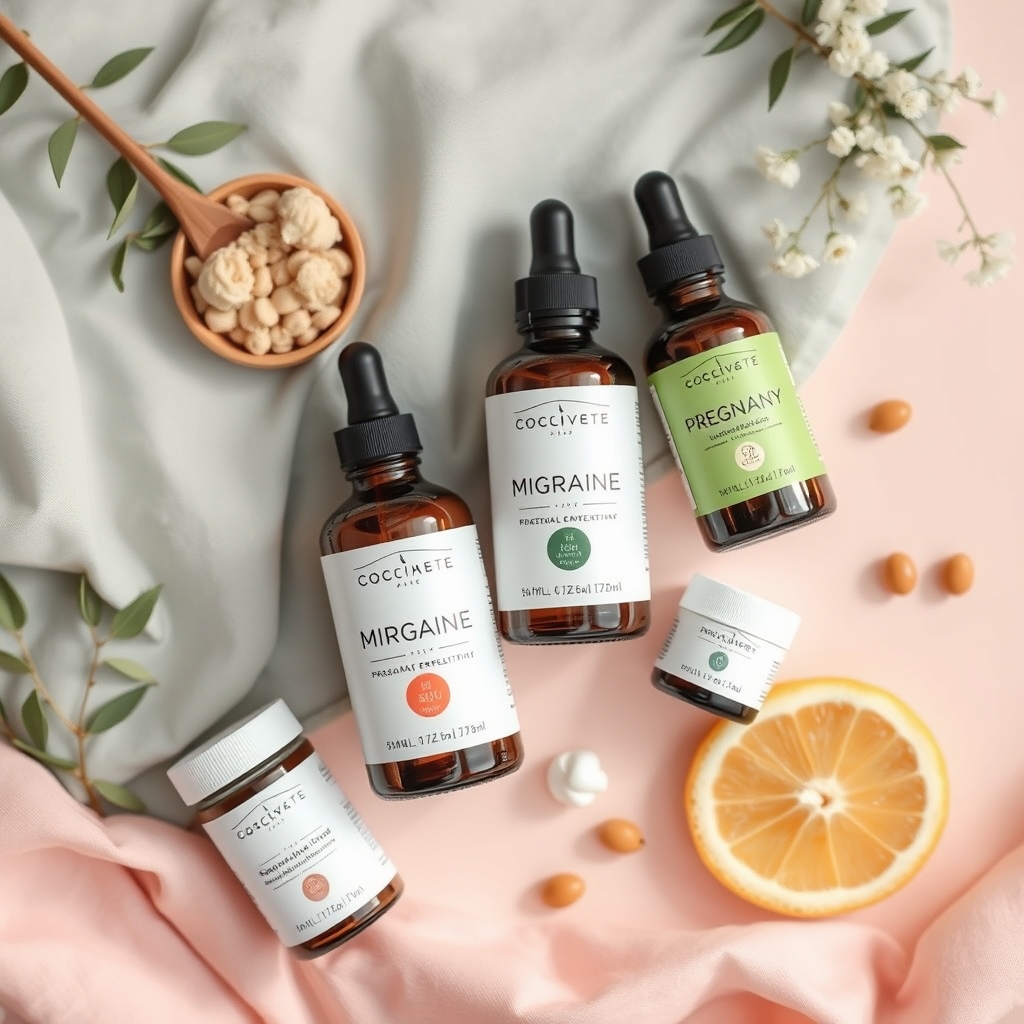 a gentle flat‑lay of a bottle of acetaminophen, a magnesium supplement bottle, fresh ginger root, and a cool compress, arranged on a soft pastel background to illustrate safe migraine alternatives for pregnancy