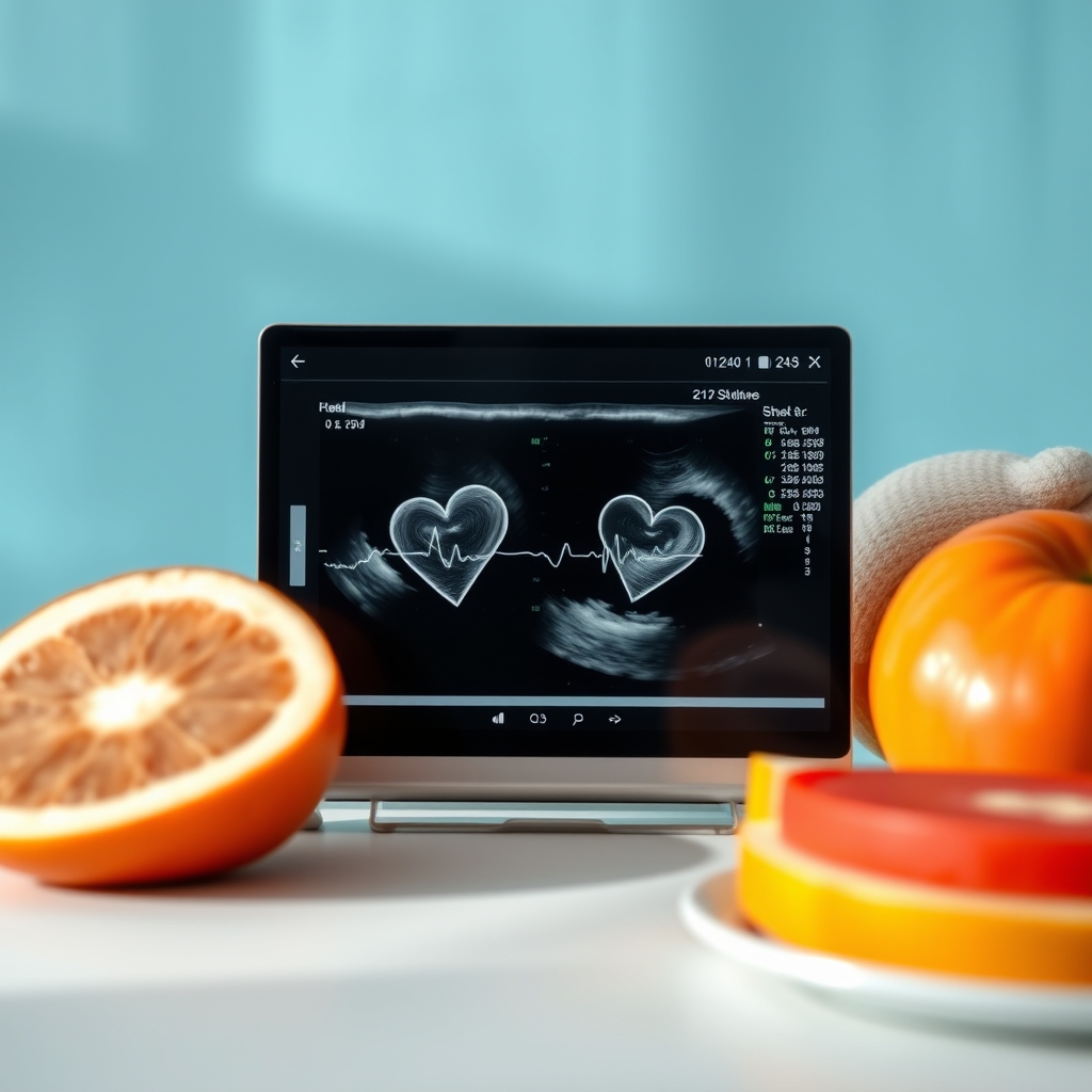 Two tiny fetal hearts beating on an ultrasound monitor, illustrating a twin pregnancy