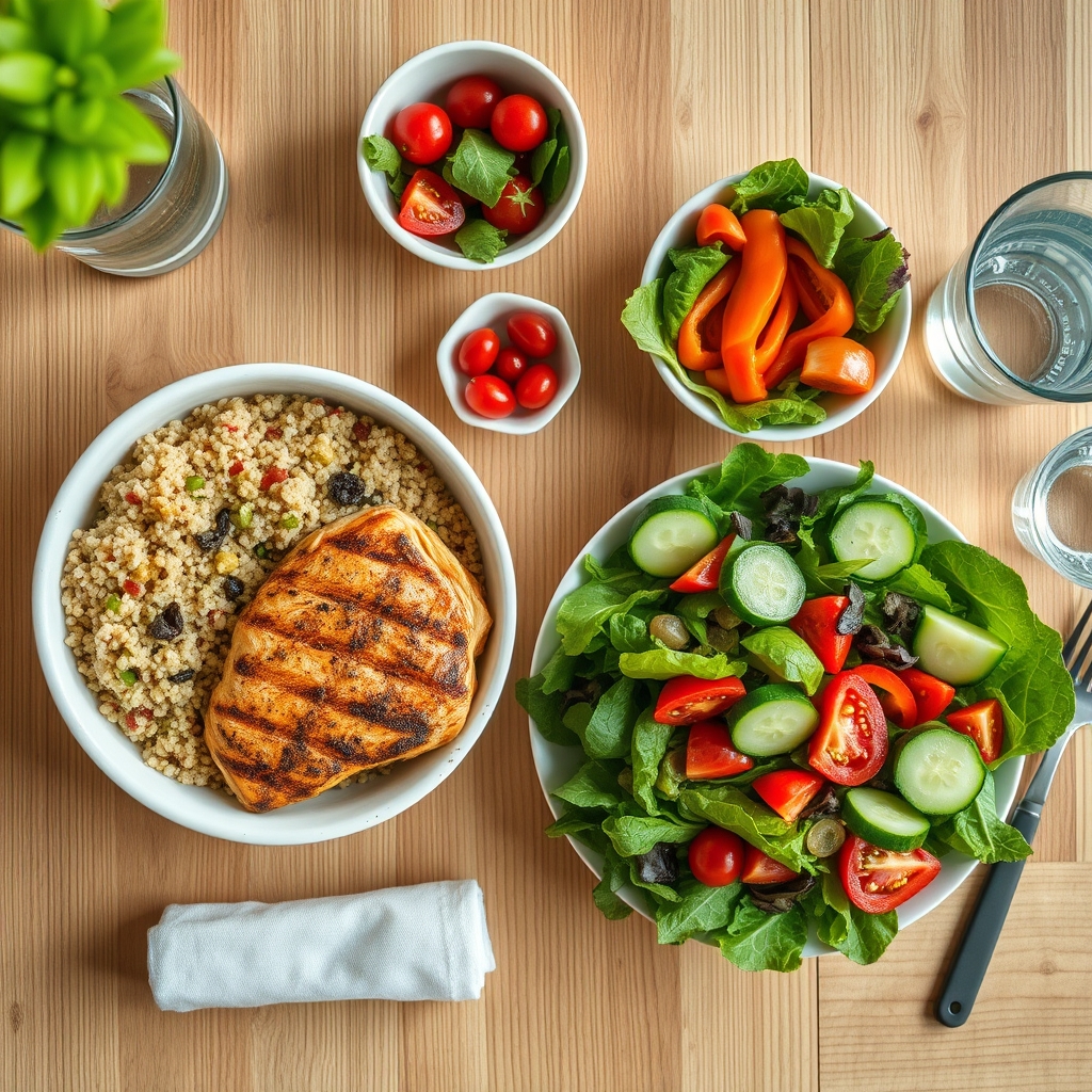 A colorful array of fresh fruits, vegetables, whole grains, and lean proteins arranged beautifully on a rustic wooden table, representing a balanced pregnancy diet