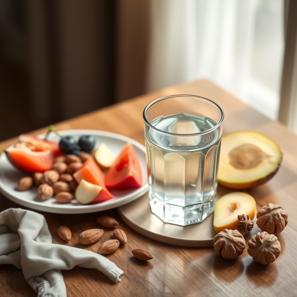 A glass of water and a plate of colorful fruit and nuts on a wooden surface, bright natural light