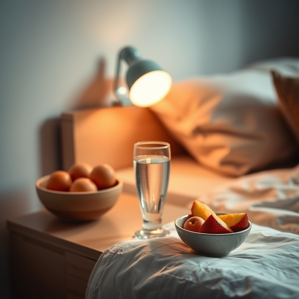 A glass of water and a small plate of fresh fruit on a nightstand next to a cozy bed, suggesting rest and hydration