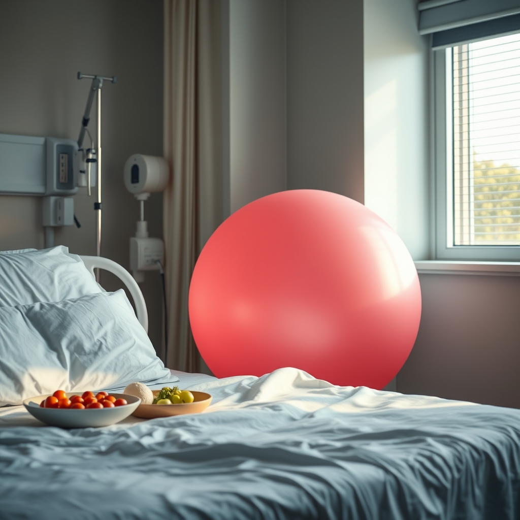 Close-up of a birthing ball beside a hospital bed, soft daylight highlighting the textured surface