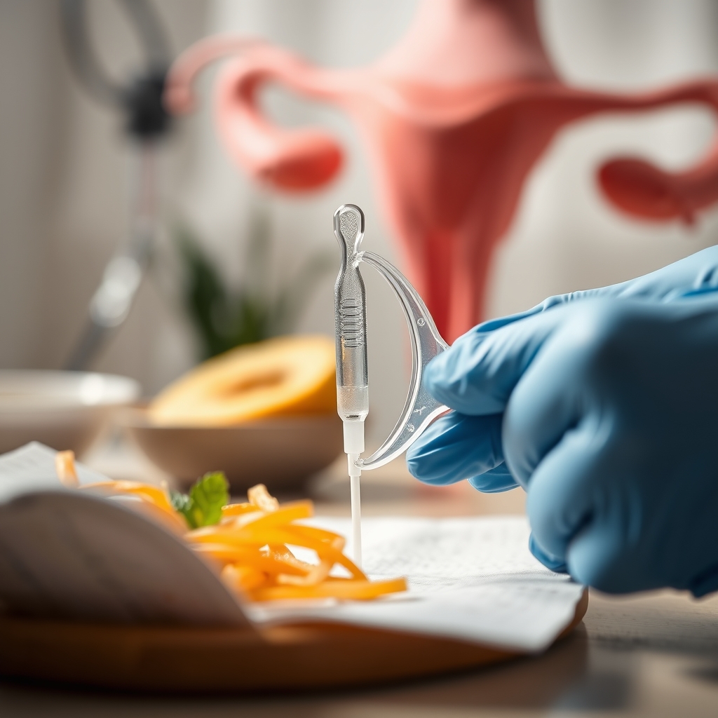 Close‑up of a hormonal IUD being placed in a uterus model, soft lighting, clinical setting, photorealistic, high detail
