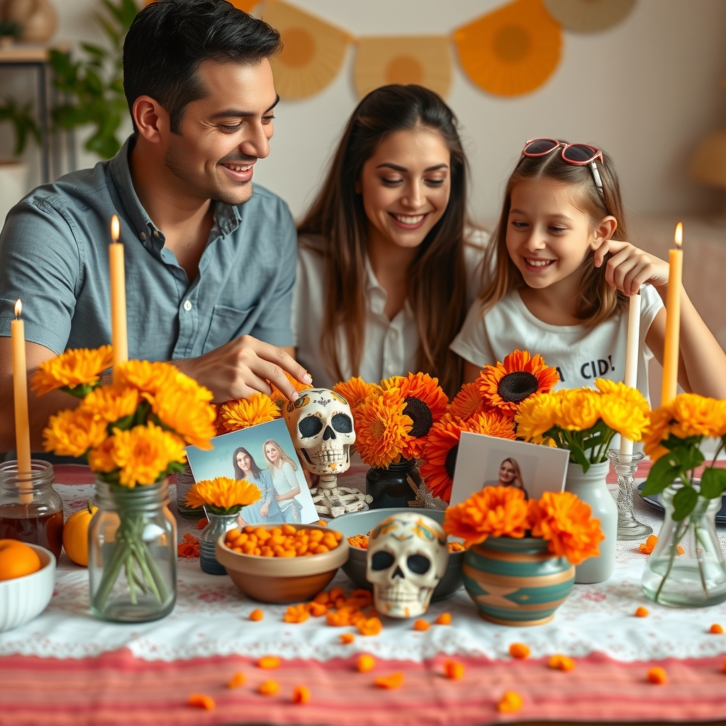 A family celebrating Día de los Muertos with an ofrenda altar filled with marigolds and photos