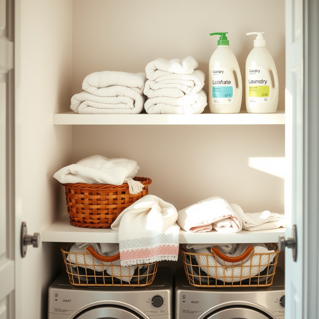 A close-up of a well-organized laundry shelf with natural light. On the shelf are several neatly folded cream-colored towels, a glass dispenser filled with liquid laundry detergent, a small wooden brush, and a decorative plant. Below, a woven laundry basket sits on the floor.