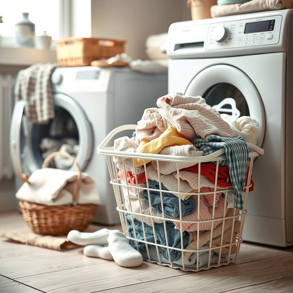 A large, overflowing wicker laundry basket sits on the floor next to a modern white washing machine. It is piled high with various clothes in different colors, suggesting a significant laundry backlog. The scene conveys a sense of a common household chore challenge.