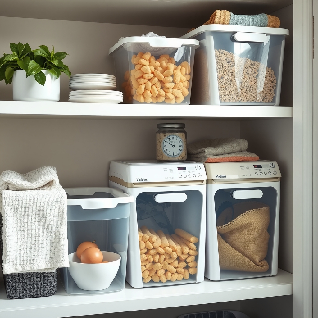 A neatly organized laundry shelf with labeled clear bins for detergent, dryer sheets, and other supplies.