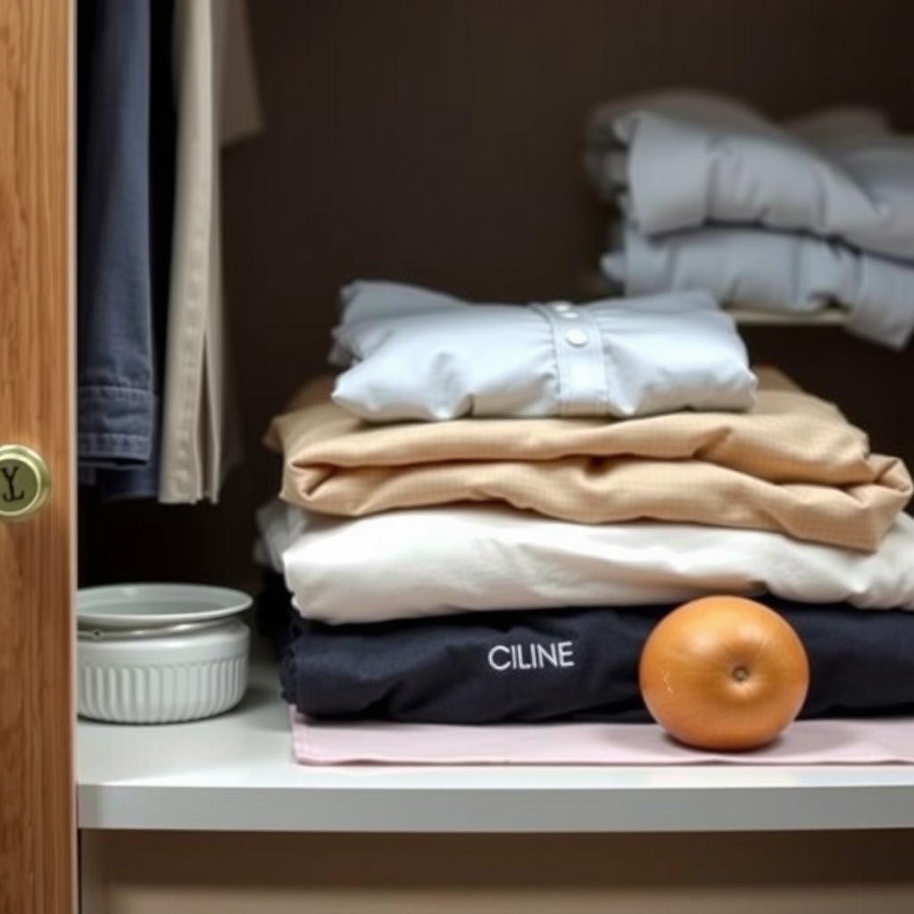 A closet with neatly folded clothes and shelves, demonstrating an organized wardrobe.