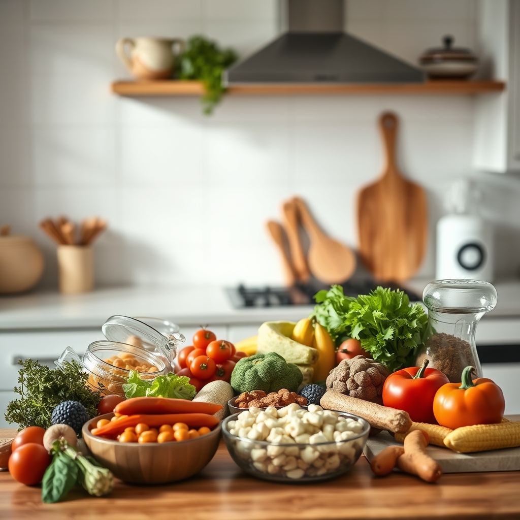 Healthy foods on a kitchen counter, representing budgeting for family wellbeing