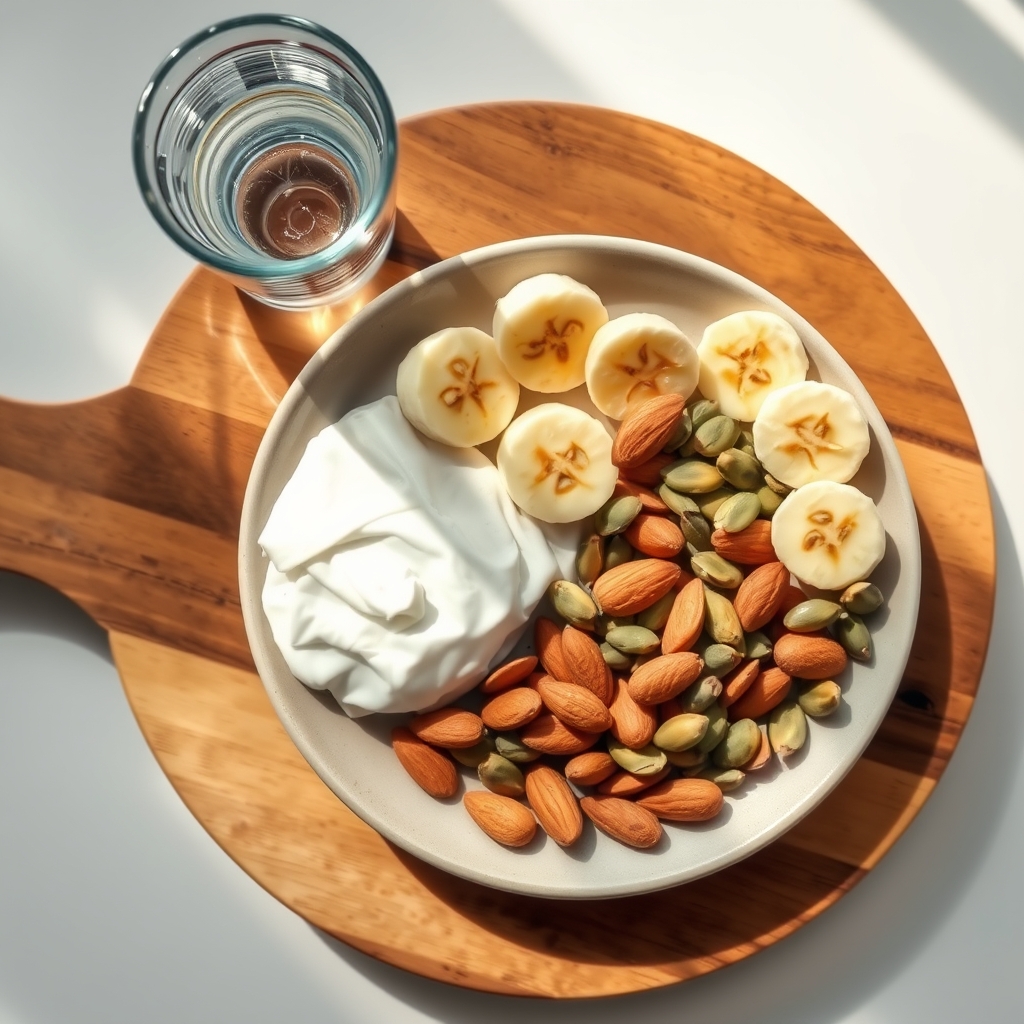 Close‑up of a magnesium‑rich snack plate: almonds, pumpkin seeds, banana slices, and a glass of water on a wooden board, bright natural light