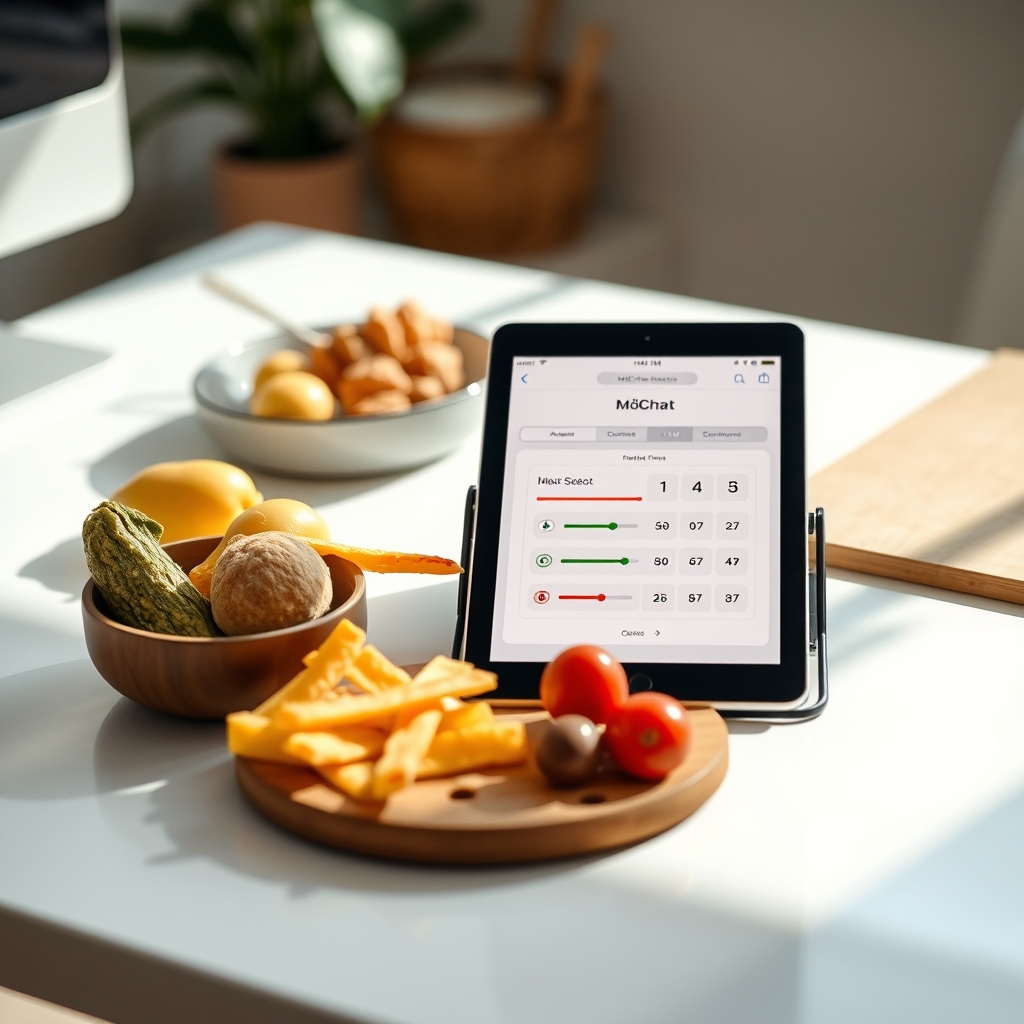 Close‑up of a tablet screen showing the M‑CHAT scoring interface, bright daylight, clean home office background
