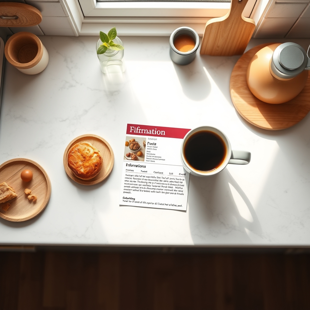 Close‑up of a handwritten affirmation card that reads ‘I am calm and alert’ placed on a sunny kitchen countertop beside a glass of water