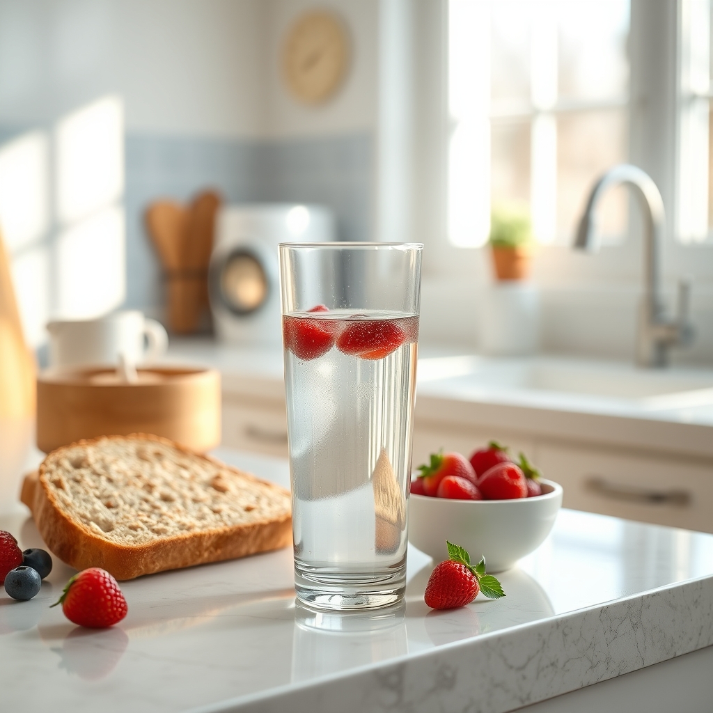 A bright kitchen countertop with a glass of water, a bowl of fresh berries, and a small plate of whole‑grain toast, illustrating a healthy pregnancy snack