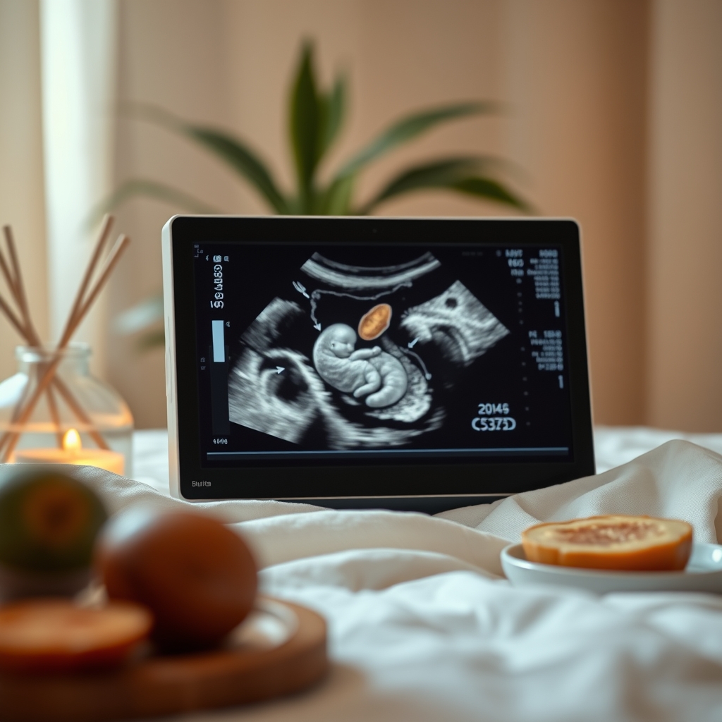 Close-up of a prenatal ultrasound screen showing a healthy fetus with clear anatomy, soft pastel colors, gentle lighting