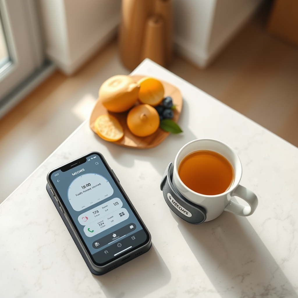 A bright kitchen counter displaying a smartphone with a health app, a digital blood pressure cuff, and a cup of herbal tea