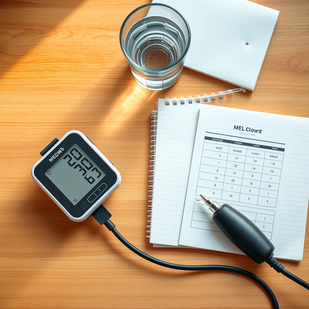 A clean, modern kitchen counter with a glass of water, a blood pressure cuff, and a notebook open to a MEOWS scoring chart