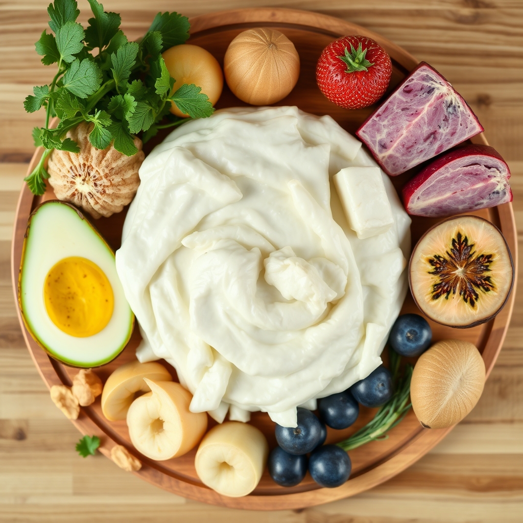 A colorful bowl of omega‑3 rich foods: salmon, walnuts, chia seeds, and leafy greens, arranged on a rustic wooden surface