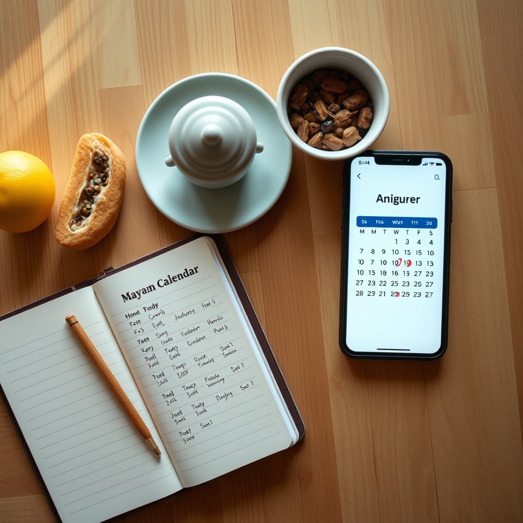 A modern kitchen table with a notebook, a smartphone displaying a Mayan calendar converter, and a cup of tea, soft morning light
