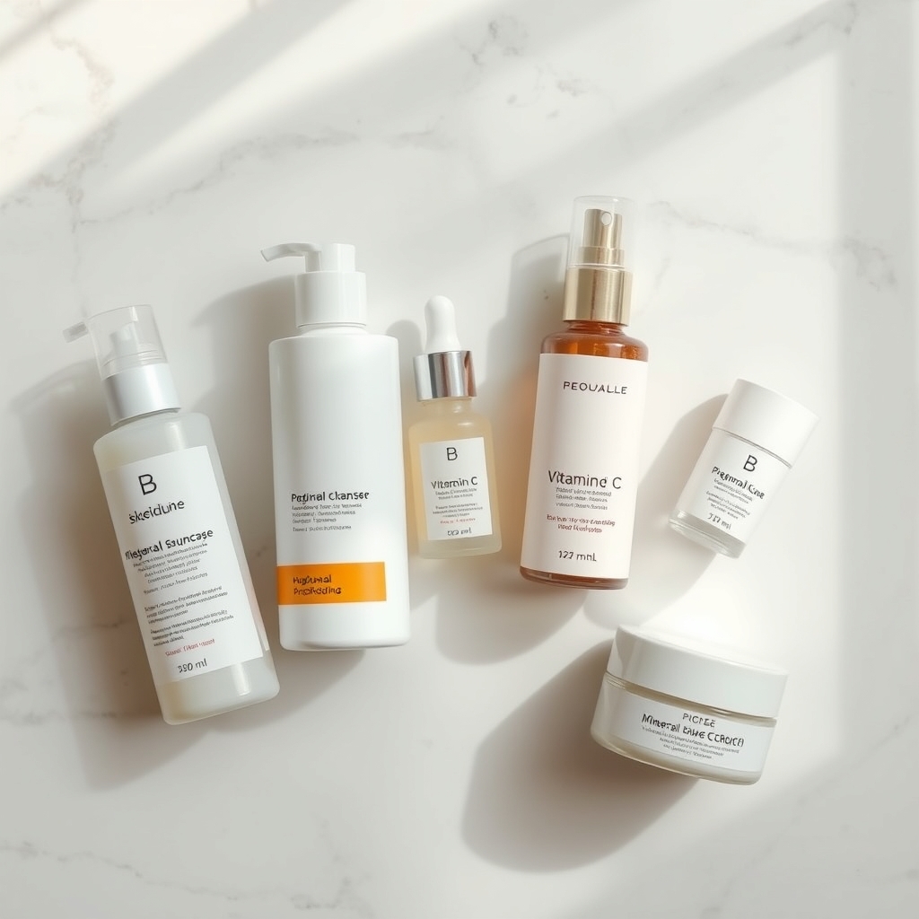 A collection of skincare products on a clean, light-colored bathroom counter: a gentle facial cleanser, a Vitamin C serum, a mineral sunscreen, and a moisturizer, with soft natural light