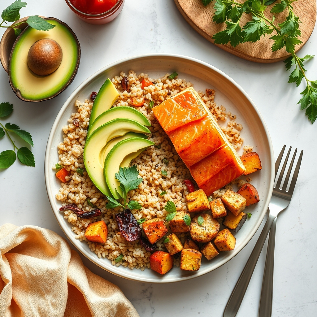 A close‑up of a colorful plate with quinoa, roasted vegetables, grilled salmon, and a side of avocado, bright natural light, inviting healthy meal for pregnancy