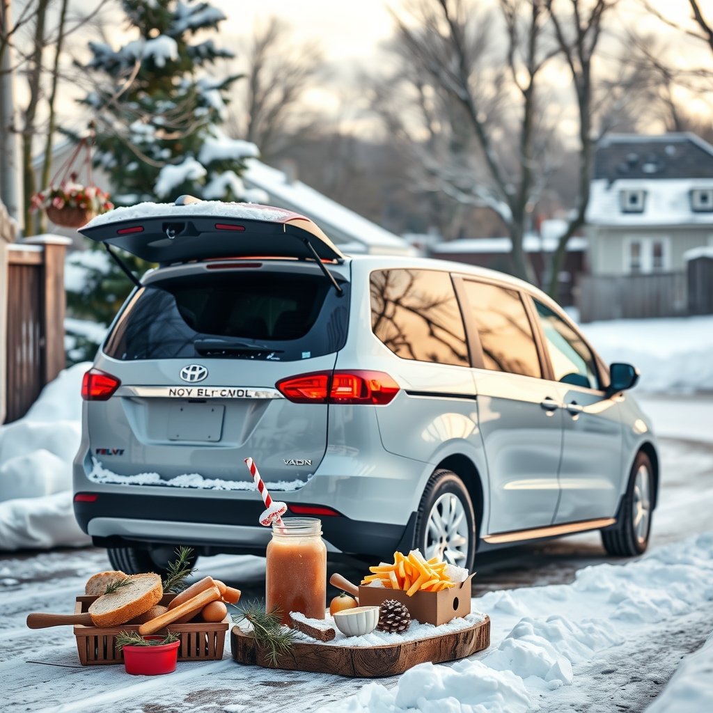 A family car in a snowy driveway, showcasing its capability in winter weather.