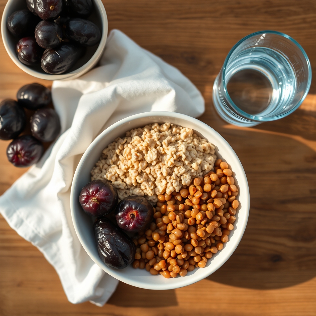 A colorful selection of high-fiber foods for pregnancy: prunes, oatmeal, lentils, and a glass of water on a rustic wooden board